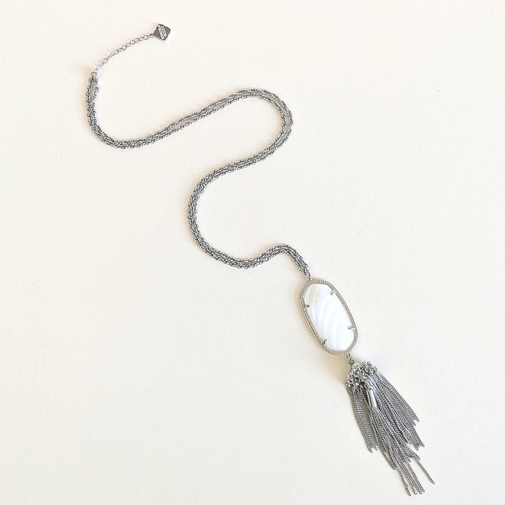 Kendra Scott Rayne Silver Long Pendant Necklace Tassel Mother Of Pearl White
